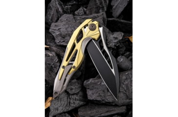 Image of We Knife Co Ltd Arrakis Framelock Folding Knife, 4.5in Closed, 3.5in M390 SS Blade, Gold And Silver Titanium Handle, Black Stonewash And Satin Blade, Black Nylon Zippered Case, Gold and silver, 906A