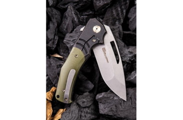 Image of We Knife Co Ltd JIXX Framelock Folding Knife, 4.5in Closed, 3.5in Stonewash M390 SS Blade, Black Stonewash Titanium Handle w/Green G10 Inlay, Black Nylon Zippered Case, Black/Green, 904A