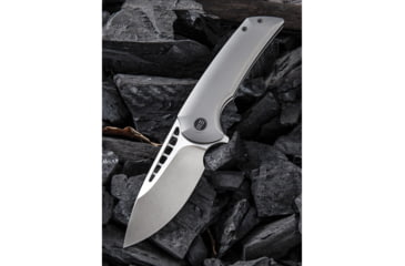 Image of We Knife Co Ltd Malice Framelock Gray Folding Knife, 4.63in Closed, 3.5in Satin Bohler M390 SS Blade, Gray Titanium Handle, Pocket Clip, Black Nylon Zippered Storage Case, Gray, 911A