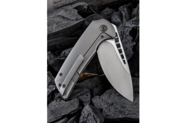 Image of We Knife Co Ltd Malice Framelock Gray Folding Knife, 4.63in Closed, 3.5in Satin Bohler M390 SS Blade, Gray Titanium Handle, Pocket Clip, Black Nylon Zippered Storage Case, Gray, 911A