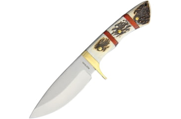 Image of Westmark Knife, 10.25in Overall, 5in Satin SS Drop Point, Stag Bone Handle, Brass Guard, Brown Leather Sheath, WM012