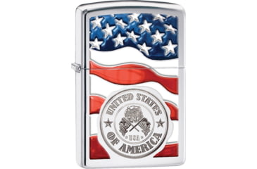 Image of Zippo American Stamp on Flag Lighter, High Polish Chrome, 1.44in x 2.25in, 29395
