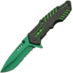 China Made Linerlock A/O Folding Knife, 4.88in Closed, 3.5in Green Finish Partially Serrated SS Drop Point, Black/Green Aluminum, Black/Green, 300413-GN
