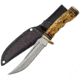 China Made Upswept Hunter w/Finger Grooved Imitation Stag Handle, Fixed Blade Knife, 9.25in Overall, 5in Mirror SS, Finger Grooved Imitation Stag Handle, Brass Guard And Pommel, Black Nylon, 210914