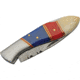Damascus Red Blue Folding Knife, 4.25in Closed, 3in Damascus Steel Blade, Red/Blue ABS/Natural Bone Handle, Brown Leather Belt Sheath, DM-1301