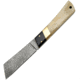Damascus White Bone Handle Knife, 8 1/2in Overall, 3 3/4in Damascus Steel Blade, White Smooth Bone Handles With Black Wood And Brass Trim, Black Leather Sheath, DM1094