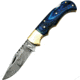 FH Knives Damascus Blue Folding Knife, 3.75in Closed, 2.75in, Damascus Steel Clip Point Blade, Blue Pakkawood Handle, Leather Sheath, BLUE-001