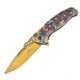 Frost Linerlock A/O Folding Knife, 4.75in Closed, 3.75in Gold Titanium Coated SS Drop Point, Aluminum Handle, Pocket Clip, Skull And Roses Artwork On Front Handle, Gold Back Handle, 19-001GD