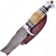 Frost Torch Bone Skinner Knife, 9.75in Overall, 5in, Damascus Steel Clip Point Blade, Torched Bone Handle, Leather Sheath, BKH-220DTB