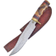 Frost Two Feathers Bowie Knife, Chipaway, 12in Overall, 7.25in Satin SS Clip Point Blade, Brass Guard, Brown Bone And Pakkawood Handle, Brown Leather Sheath, CW-07BRB