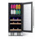 NewAir 15in Premium Built-in Dual Zonen Wine/Beverage Fridge, Black/Stainless Steel, 9 Bottles and 48 Cans, NWB057SS00