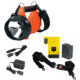 Streamlight Vulcan Orange Flashlight with vehicle and home chargers, charging rack, battery, quick release shoulder strap 44500. Not shown: 8-Watt dual filament backup lamp assembly (included with 44511).