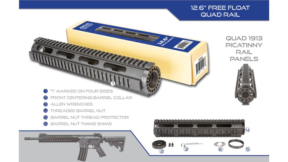 OpticsPlanet Exclusive OpticsPlanet 12.6 inch Quad Rail, Free Float Handguard, Rifle Length, Black, QRFR12