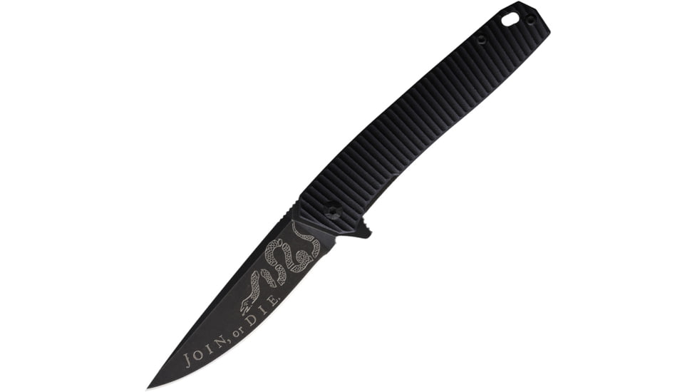 3V Gear Join Or Die React Folding Knife, 3.75in Closed, 3in, 8Cr14MoV, Black Coated Blade, Black Grooved G10 Handle, VVV-GB-BC-JOIN