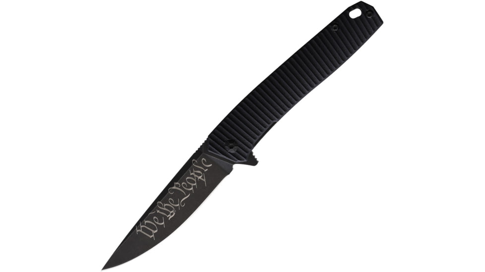 3V Gear We The People React Folding Knife, 3.75in Closed, 3in, 8Cr14MoV, Black Coated Blade, Black Grooved G10 Handle, VVV-GB-BC-PEOPLE