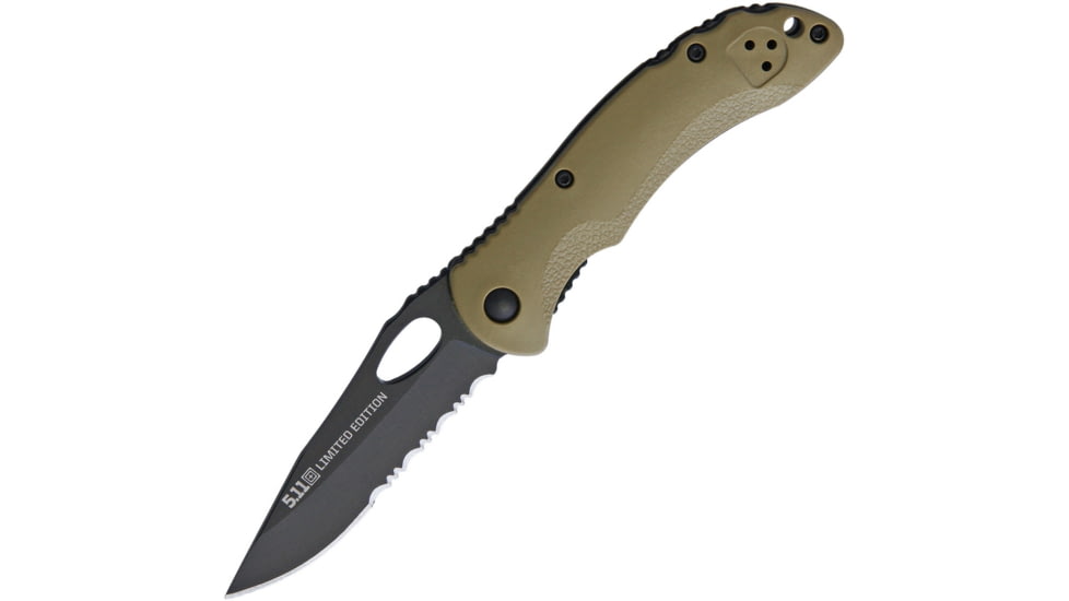 5.11 Tactical Underbrush Linerlock Underbrush Linerlock Folding Knive, 3.5in Closed, 2.75in Black Partially Serrated SS Blade, Brown Frn Handle, Thumb Pull, Pocket Clip, Clam Packed, Brown, 51114C
