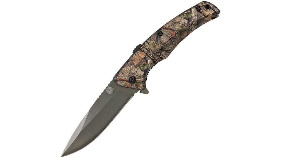 ABKT Tac Sidewinder A/O Folding Knife, 4.25in Closed, 3.25in Black Stonewash 8Cr13Mov SS Blade, Synthetic Handle, Thumb Stud, Pocket Clip, Mossy Oak Break-Up Camo Pattern Handle, AB041M