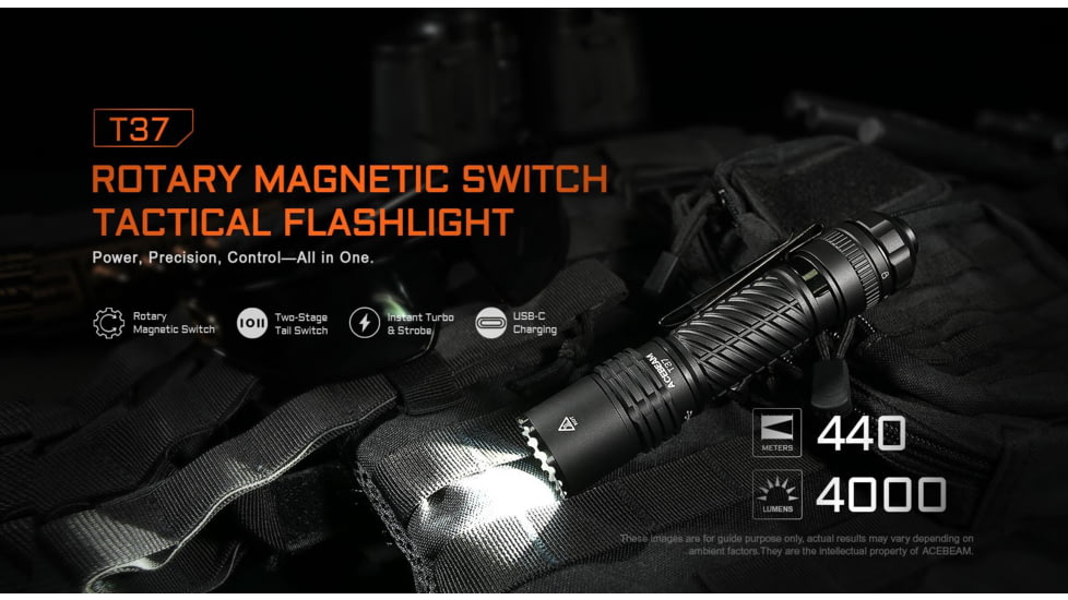 Acebeam T37 Tactical 21700 USB-C Rechargeable Battery 4000 Lumens LED Flashlight, Black, T37 Black