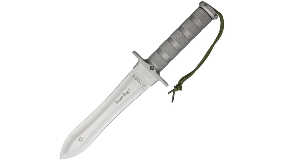 Aitor Desert King Matte Dagger, 14in Overall, 8.5in Satin Double Edge Mova SS Blade, Knurled SS Handle, OD Green Polyamide Belt Sheath, 16056