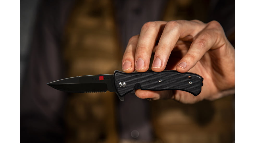 Al Mar Knives Mini S.E.R.E. 2020 G Series Folding Knife, Spring Assist, D2, 3 in, Combo, G10, Black, AMK2201