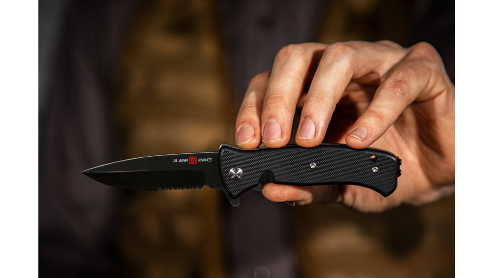 Al Mar Knives Mini S.E.R.E. 2020 Night G Series Folding Knife, Liner Lock Spring Assist, D2, 58HRC, Ti-Black, 3 in, Combo, G10, Black, AMK2205