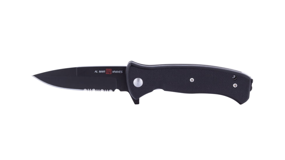 Al Mar Knives Mini S.E.R.E. 2020 Night G Series Folding Knife, Liner Lock Spring Assist, D2, 58HRC, Ti-Black, 3 in, Combo, G10, Black, AMK2205