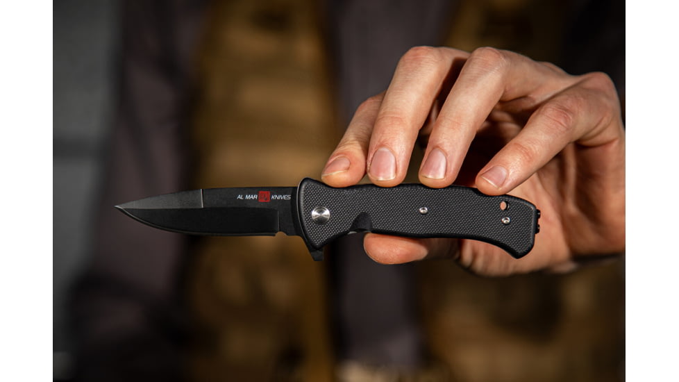 Al Mar Knives Mini S.E.R.E. 2020 Night G Series Folding Knife, Spring Assist, D2, 58HRC, Ti-Black, 3 in, Traditional, G10, Black, AMK2204