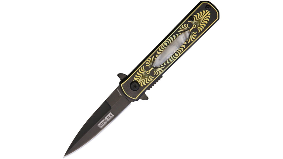 Albainox Rainblack Linerlock A/O Folding Knife, 3 black finish stainless blade, Black stainless handle with white imitation pearl , 18502-A