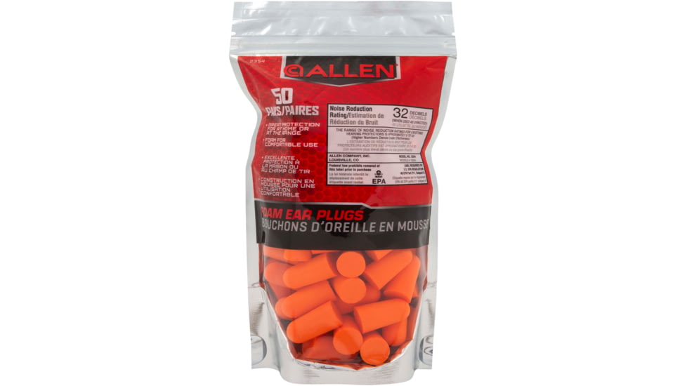 Allen Foam Ear Plugs, 32 dB NRR, ANSI S3.19 &amp; CE EN352-1 Hearing Protection Rated, 50-Pack, Orange, One Size, 2354