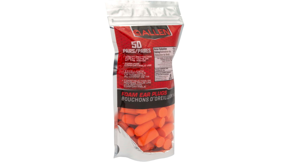 Allen Foam Ear Plugs, 32 dB NRR, ANSI S3.19 &amp; CE EN352-1 Hearing Protection Rated, 50-Pack, Orange, One Size, 2354