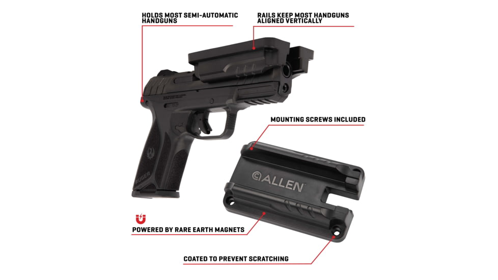 Allen Gun Ready Rail Handgun Magnet, 1 Handgun, Black, Metal, 5648