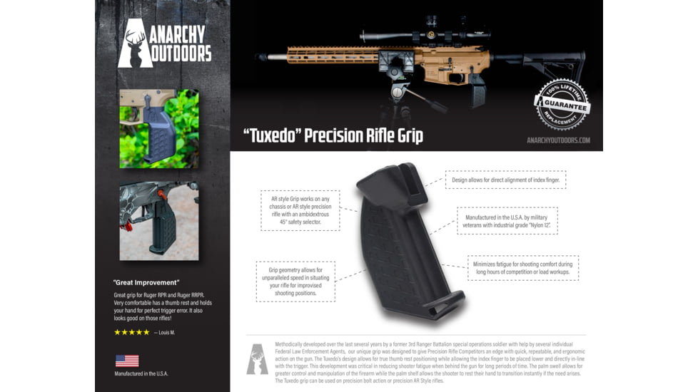 Anarchy Outdoors Tuxedo Precision Rifle Grip, Right Hand, Black, 791617485211