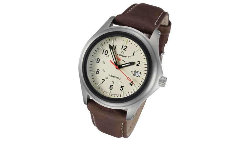 Armourlite 43mm ShatterProof Scratch Resistant High Impact Glass Captain Field H3 Watch, Silver/Cream/Brown, Small AL303