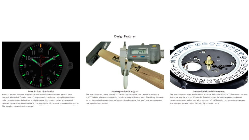 Armourlite Field Series AL104 Swiss Made Tritium Illuminated Watch with Shatterproof Armourglass, Black Case, Black Dial, White Numbers, 42mm, AL104