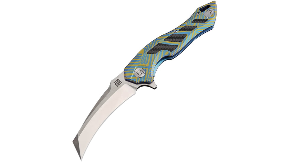 Artisan Cutlery Eagle Framelock Folding Knife, Eagle 5in Closed, 3.63in Satin S35Vn SS Curved Blade, Blue/Gold Titanium Handle With Carbon Fiber Inlay, Swirl Handle Pattern, Black Nylon Zippered Storage Case, 1816G-BU03