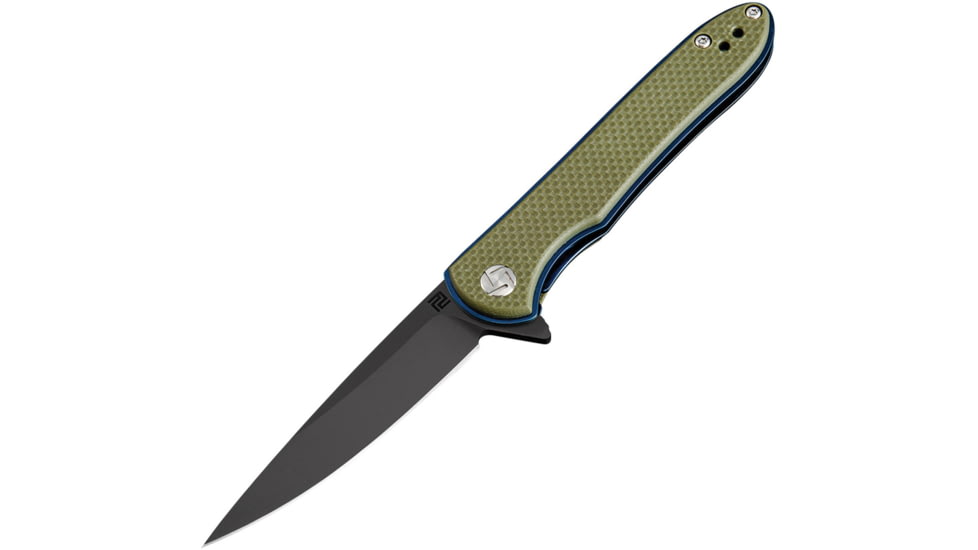 Artisan Cutlery Small Shark Linerlock D2 Folding Knife, 3 black finish D2 tool steel blade, Green textured G10 handle, 1707PS-BGNF