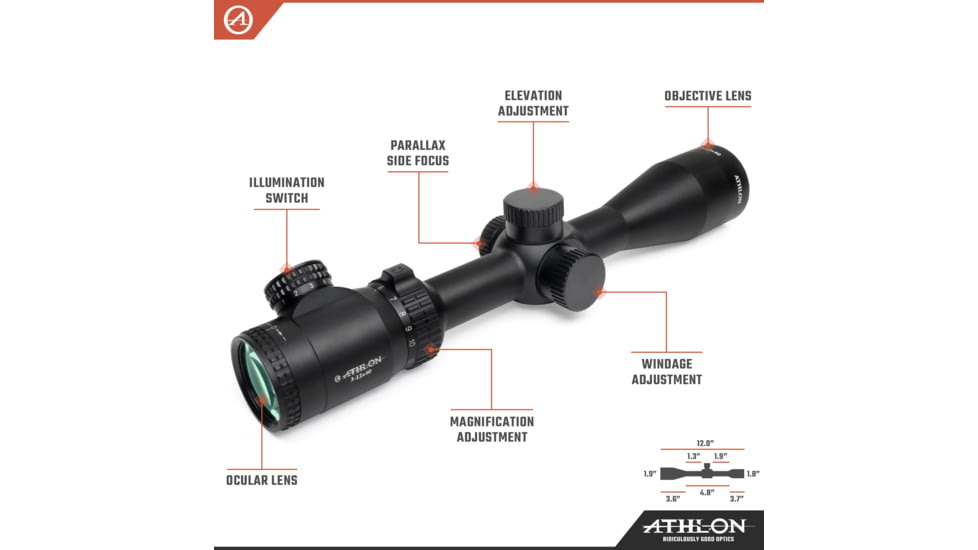 Athlon Optics Talos Rifle Scope, 3-12 x 40, SFP, 1in Tube, Illuminated BDC 600 Reticle, Matte, Black, 215001