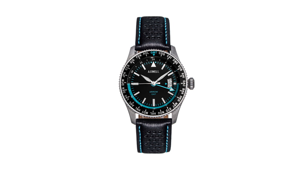 Axwell Leather-Band Watch w/Date, Black/Blue, AXWAW102-4, Black/Blue, One Size, AXWAW102-4