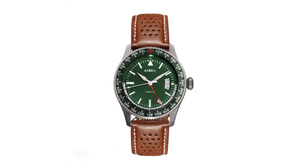 Axwell Leather-Band Watch w/Date, Tan/Green, AXWAW102-5, Tan/Green, One Size, AXWAW102-5