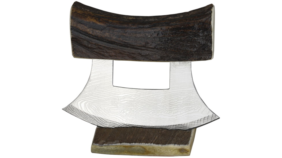 B Merry Moose Antler Polished Ulu Knife, 5.75in, Damascus Steel Blade, 5.25in Moose Antler Handle, UFS-MAN3