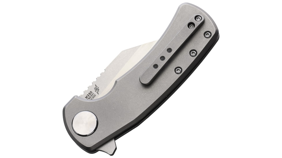 B'yondEDC Wharning Folding Knife, 4.13in Closed, 3.13in, Bohler M390, Stonewash/Satin Wharncliffe Blade, Gray Stonewash Titanium Handle, TM2301