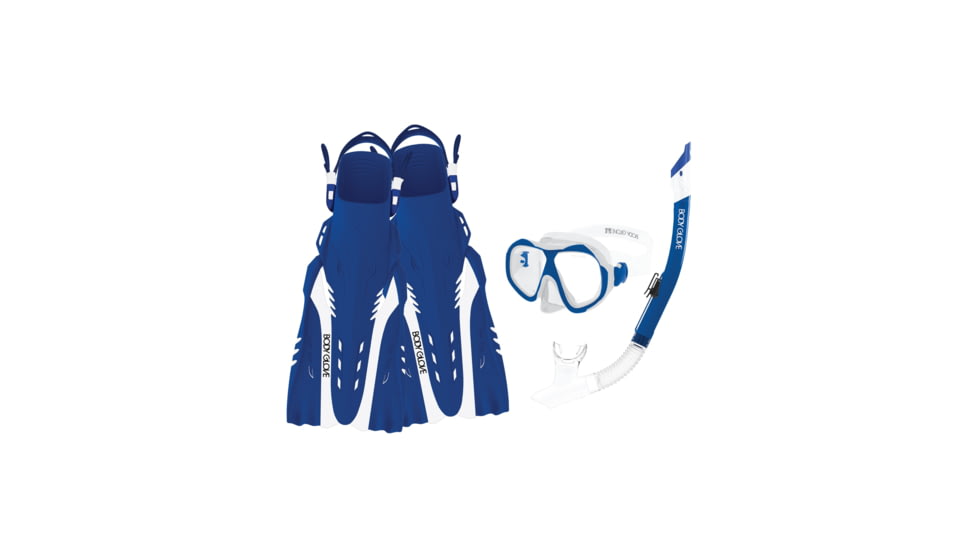 Body Glove Enlighten II Mask/Snorkel/Fin Snorkeling Set - Blue/White 6EDE5EEE, S/M, Blue/White, 16029SET-BLUWHT-S/M