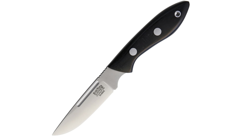 Bark River Adventurer II Elmax Fixed Blade Knife, 7.75in Overall, 3.5in Satin Elmax Steel Blade, Black Canvas Micarta Handle, Brown Leather Belt Sheath, 05-143MBC