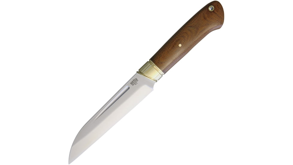 Bark River Hauk Fixed Blade Knife, 10.5in Overall, 5.5in Satin A2 Tool Steel Wharncliffe Blade, Natural Canvas Micarta Handle, Brass Guard, Brown Leather Belt Sheath, 10-219MNC