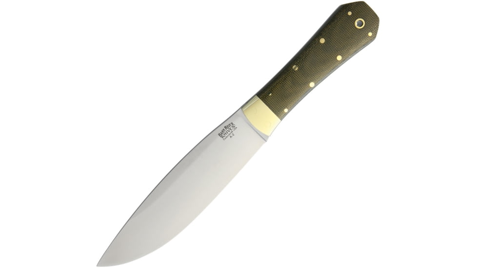 Bark River Mini Rogue Fixed Blade Knife, Mini Rogue, 9.75in Overall, 5.5in Satin A2 Tool Steel Blade, Green Canvas Micarta Handle, Brass Guard, Brown Leather Belt Sheath, 09-012MGC
