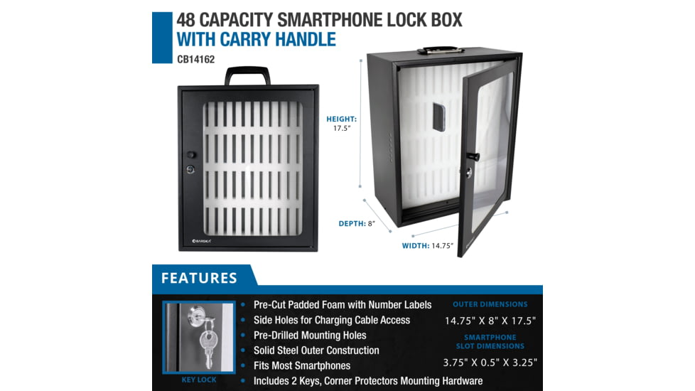 Barska Smartphone Lock Box w/Key Lock and Carry Handle, 48 Pieces