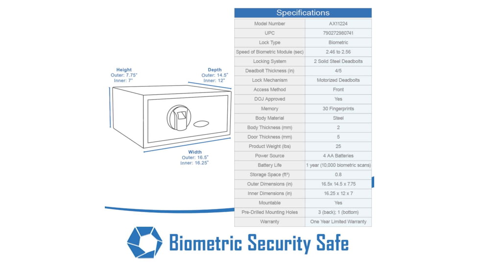 Barska Biometric Fingerprint Safe, Black, 16.25x14.25x7in w/Memory AX11224