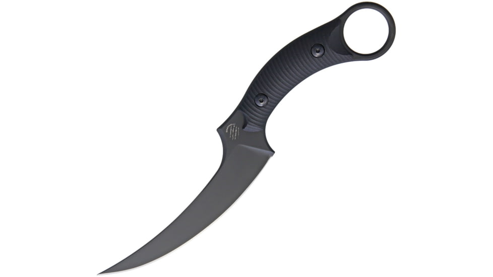 Bastinelli Creations Mako Fixed Blade PVD Knife, 9in Overall, 5in Black Pvd Coated N690Co Steel Curved Blade, Black Sculpted G10 Handle, Finger Ring, Black Kydex Sheath, BAS206B