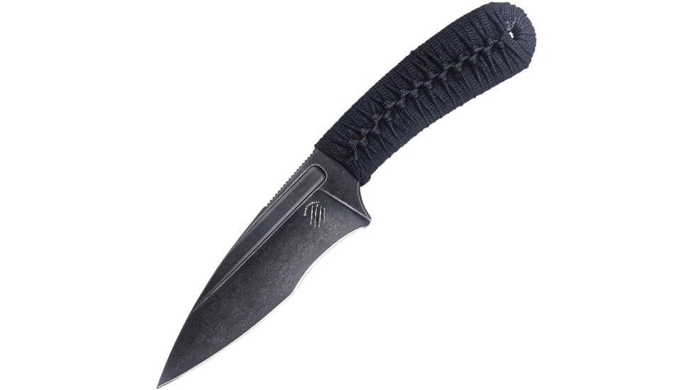 Bastinelli Creations SIN Fixed Blade Wrapped Knife, 3.5 black stonewash finish Bohler N690 stainless , Black cord wrapped handle, SIN + BLACK COBRA WRAP
