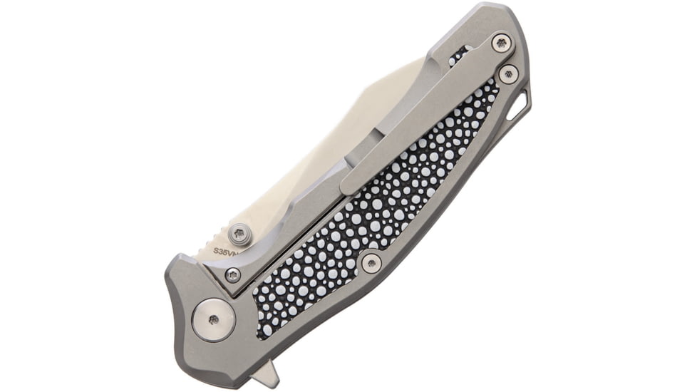 Bastion BRAZA EDC Linerlock Stingray Folding Knife, 3.88in Satin Cpm S35Vn SS Blade, Gray Titanium Handle, Thumb Stud, Pocket Clip, Stingray Style Handle Inlay, Gift Boxed, Gray, BRAZA-S35VN-SITT